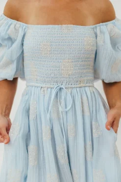 Best Worth Collective Aimee Smocked Embroidered Floral Midi Dress in Blue