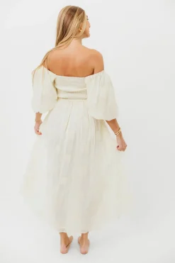 Sale Worth Collective Aimee Smocked Embroidered Floral Midi Dress in Ivory