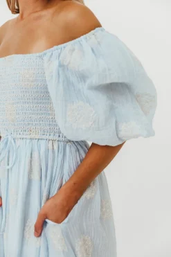 Best Worth Collective Aimee Smocked Embroidered Floral Midi Dress in Blue
