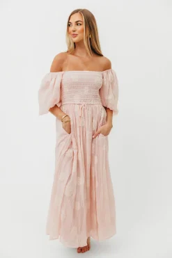 New Worth Collective Aimee Smocked Embroidered Floral Midi Dress in Blush