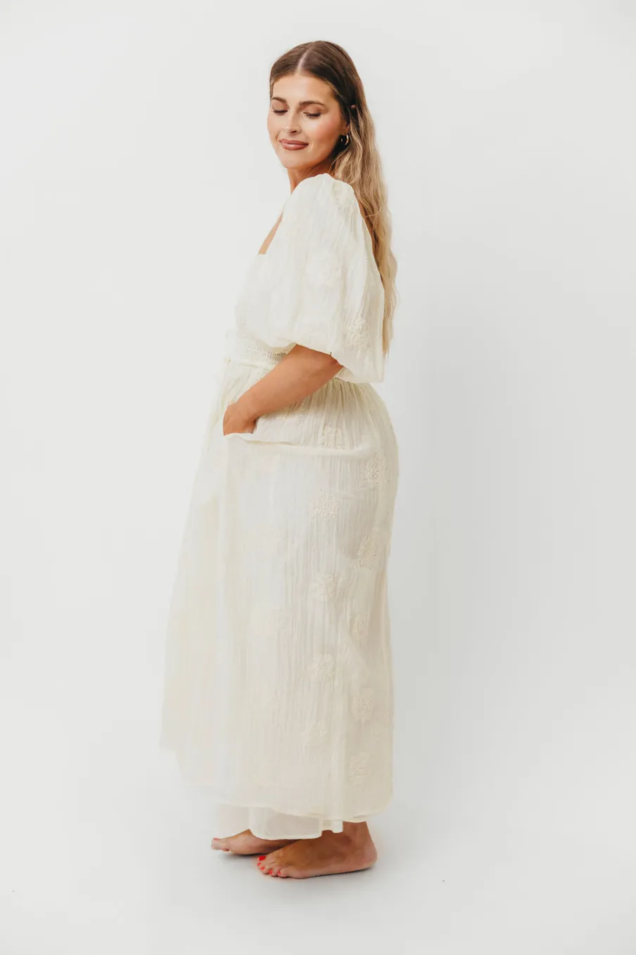 Sale Worth Collective Aimee Smocked Embroidered Floral Midi Dress in Ivory