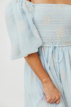 Best Worth Collective Aimee Smocked Embroidered Floral Midi Dress in Blue