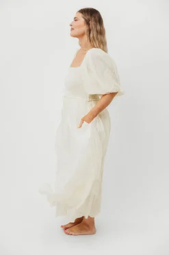 Sale Worth Collective Aimee Smocked Embroidered Floral Midi Dress in Ivory