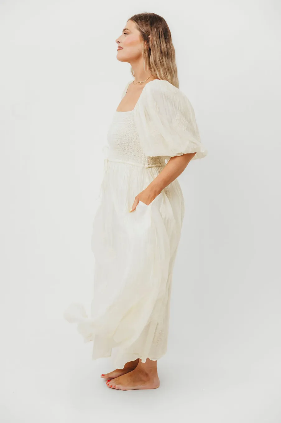 Sale Worth Collective Aimee Smocked Embroidered Floral Midi Dress in Ivory