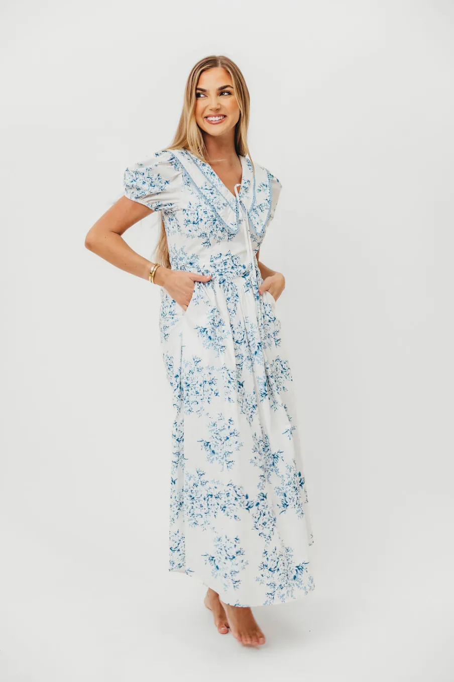 Sale Worth Collective Aisha Floral Sailor Collar Maxi Dress in Blue