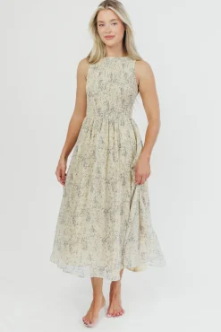 Best Worth Collective Alaina Floral Print Smocked Midi Dress in Blue Multi