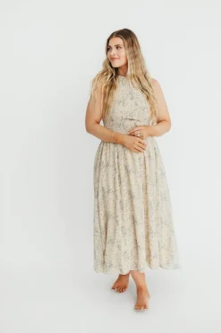 Best Worth Collective Alaina Floral Print Smocked Midi Dress in Blue Multi