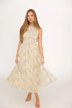 Best Worth Collective Alaina Floral Print Smocked Midi Dress in Blue Multi