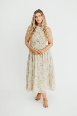 Best Worth Collective Alaina Floral Print Smocked Midi Dress in Blue Multi
