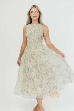 Best Worth Collective Alaina Floral Print Smocked Midi Dress in Blue Multi