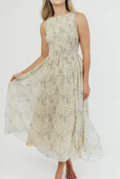 Best Worth Collective Alaina Floral Print Smocked Midi Dress in Blue Multi