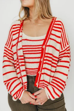 Outlet Worth Collective Alder Striped Cardigan and Stripe Tank Set in Natural/Red