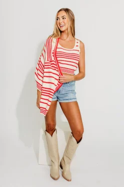 Outlet Worth Collective Alder Striped Cardigan and Stripe Tank Set in Natural/Red