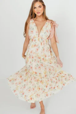 Online Worth Collective Ambrose Maxi Dress in Cream/Coral Floral