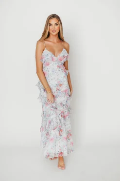 Outlet Worth Collective Amelia Ruffle Maxi Dress in White/Multi Floral