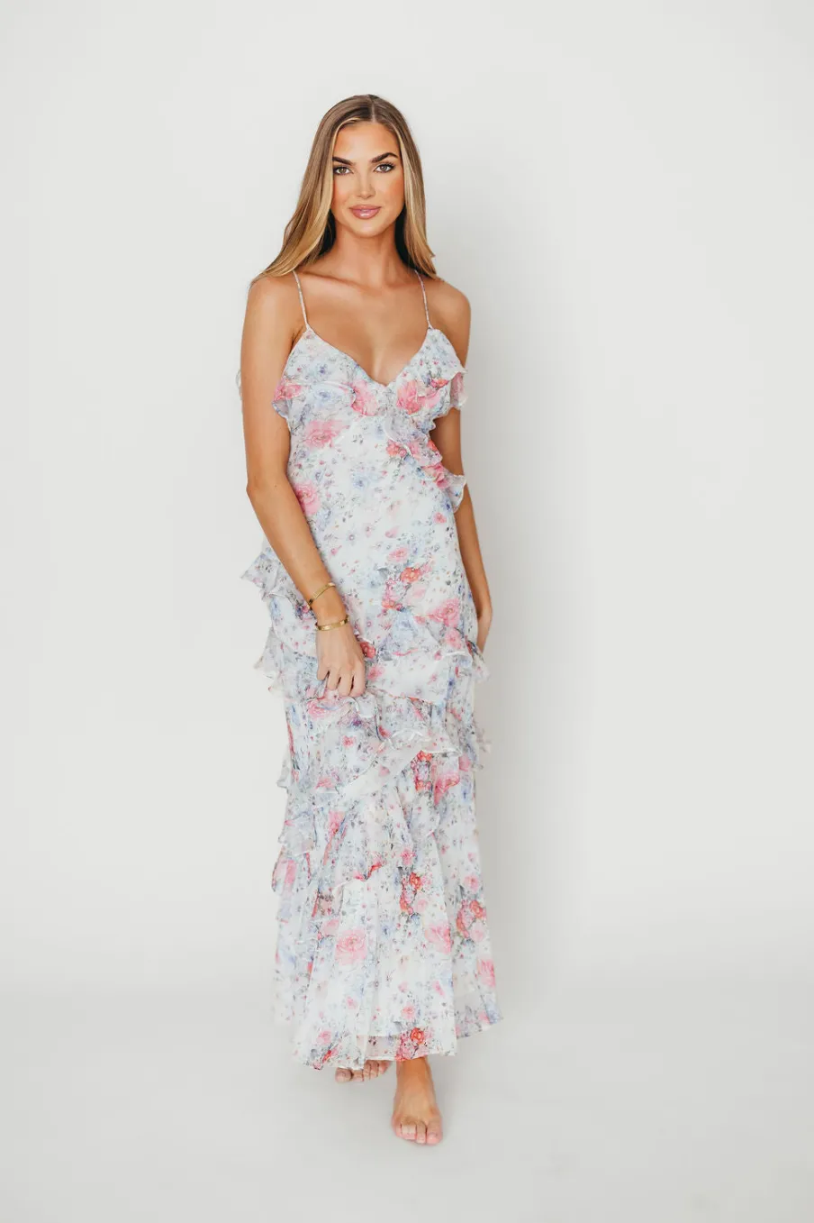 Outlet Worth Collective Amelia Ruffle Maxi Dress in White/Multi Floral