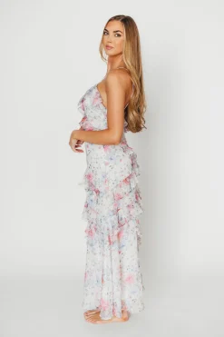 Outlet Worth Collective Amelia Ruffle Maxi Dress in White/Multi Floral