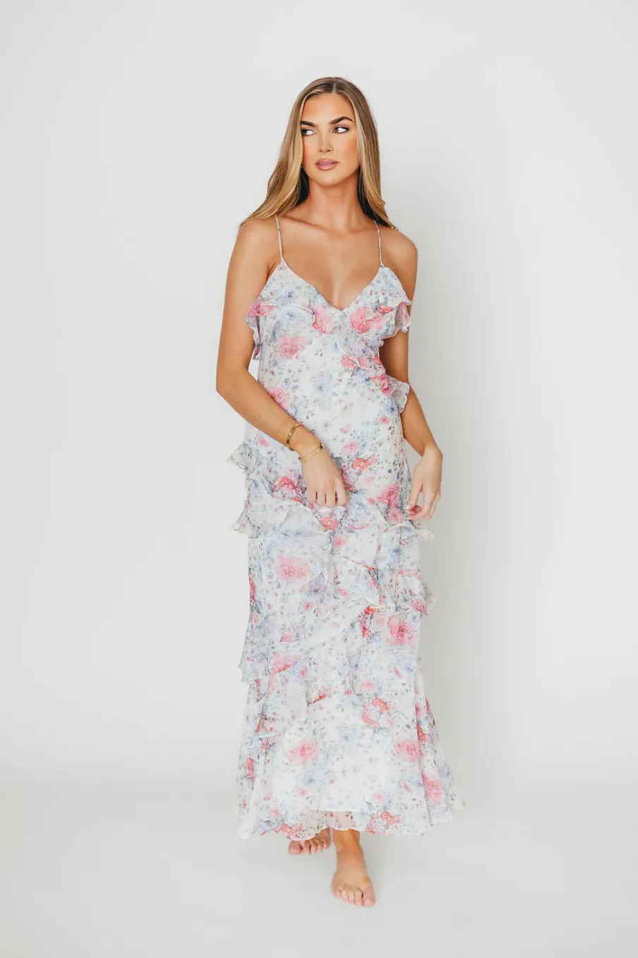 Outlet Worth Collective Amelia Ruffle Maxi Dress in White/Multi Floral