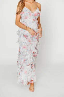 Outlet Worth Collective Amelia Ruffle Maxi Dress in White/Multi Floral
