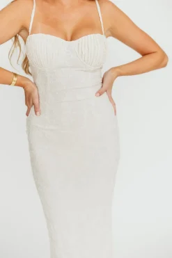 Hot Worth Collective Amira Ruched Bustier Lace Up Back Maxi Dress in Ivory