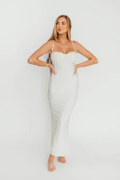 Hot Worth Collective Amira Ruched Bustier Lace Up Back Maxi Dress in Ivory
