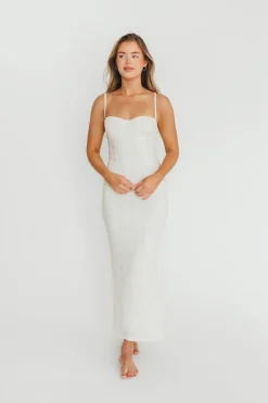 Hot Worth Collective Amira Ruched Bustier Lace Up Back Maxi Dress in Ivory