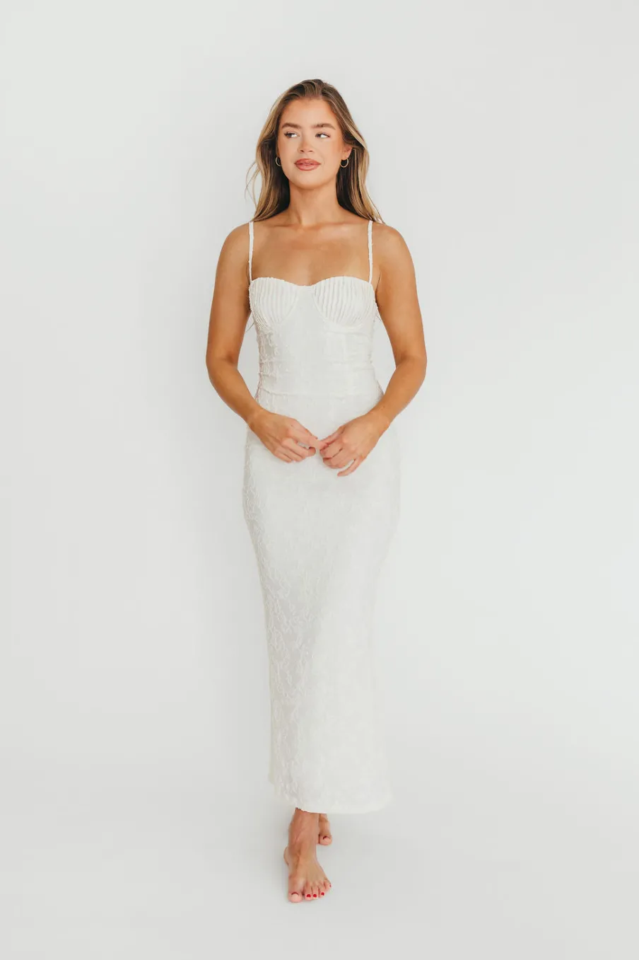 Hot Worth Collective Amira Ruched Bustier Lace Up Back Maxi Dress in Ivory