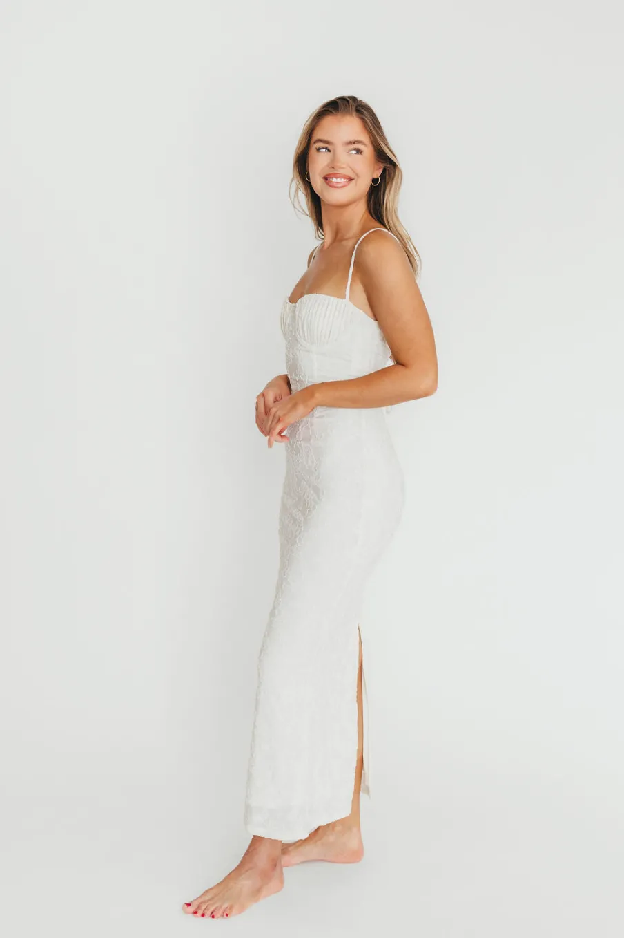Hot Worth Collective Amira Ruched Bustier Lace Up Back Maxi Dress in Ivory