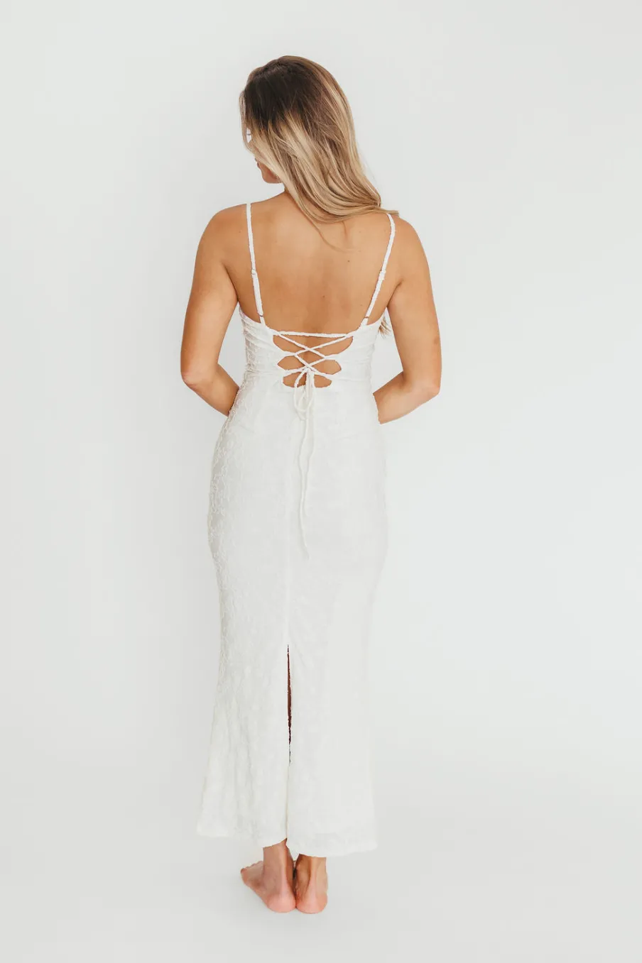 Hot Worth Collective Amira Ruched Bustier Lace Up Back Maxi Dress in Ivory