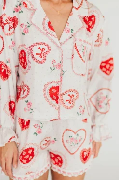Outlet Worth Collective Amora Satin Pajama Set in White/Light Pink/Red