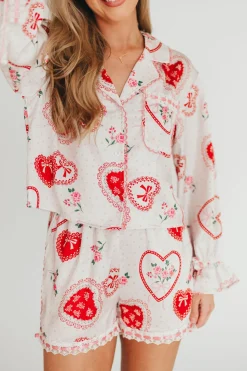 Outlet Worth Collective Amora Satin Pajama Set in White/Light Pink/Red