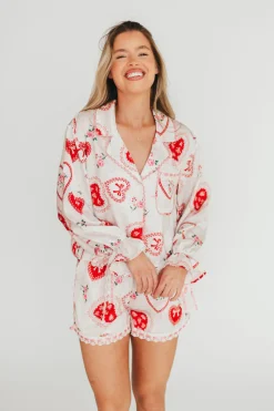Outlet Worth Collective Amora Satin Pajama Set in White/Light Pink/Red