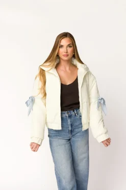 New Worth Collective Andy Bow Cropped Puffer Jacket in Bone