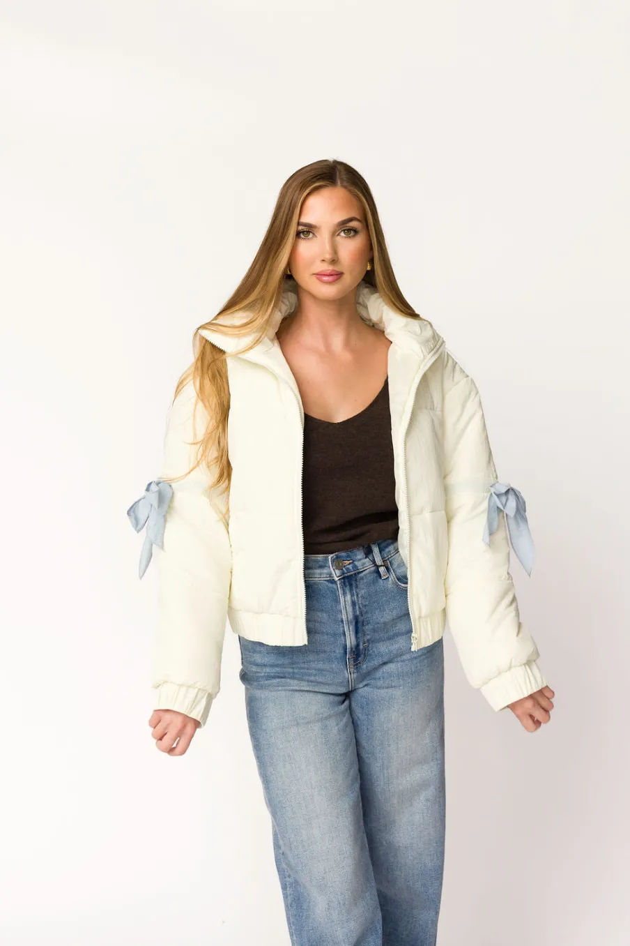 New Worth Collective Andy Bow Cropped Puffer Jacket in Bone