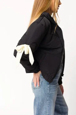 Discount Worth Collective Andy Bow Cropped Puffer Jacket in Black