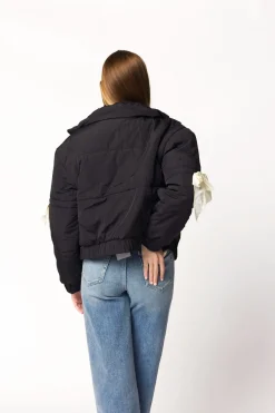 Discount Worth Collective Andy Bow Cropped Puffer Jacket in Black
