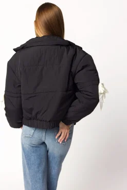 Discount Worth Collective Andy Bow Cropped Puffer Jacket in Black
