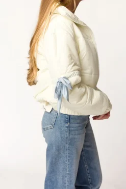 New Worth Collective Andy Bow Cropped Puffer Jacket in Bone
