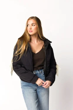 Discount Worth Collective Andy Bow Cropped Puffer Jacket in Black