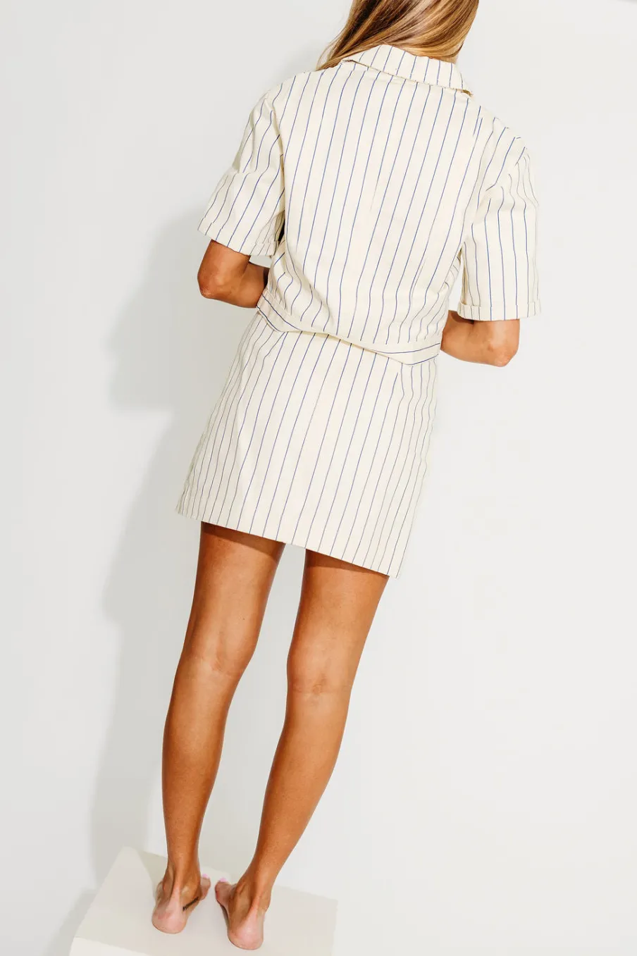 Discount Worth Collective Annabelle Cotton Skirt with Tie Pocket in Blue Stripe
