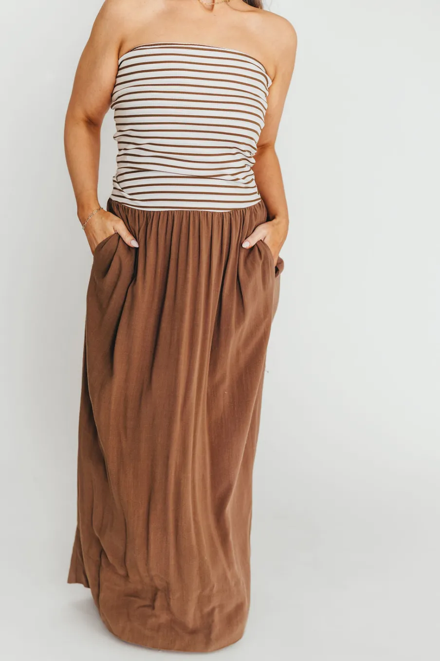 Hot Worth Collective Annie Linen & Knit Maxi Dress in Mocha Stripe