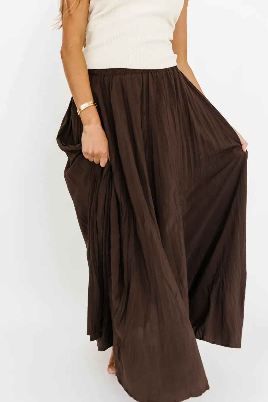 New Worth Collective Apolline Crinkle Maxi Skirt in Dark Brown