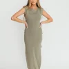 Outlet Worth Collective Arabella Open Back Bodycon Midi Dress in Light Olive