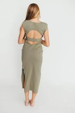 Outlet Worth Collective Arabella Open Back Bodycon Midi Dress in Light Olive