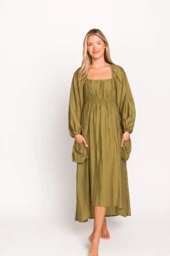 Fashion Worth Collective Ariana Long Sleeved Maxi Dress with Slouchy Pocket in Olive