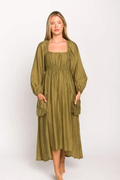 Fashion Worth Collective Ariana Long Sleeved Maxi Dress with Slouchy Pocket in Olive