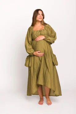 Fashion Worth Collective Ariana Long Sleeved Maxi Dress with Slouchy Pocket in Olive
