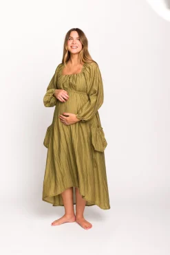 Fashion Worth Collective Ariana Long Sleeved Maxi Dress with Slouchy Pocket in Olive
