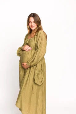 Fashion Worth Collective Ariana Long Sleeved Maxi Dress with Slouchy Pocket in Olive