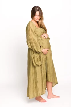 Fashion Worth Collective Ariana Long Sleeved Maxi Dress with Slouchy Pocket in Olive